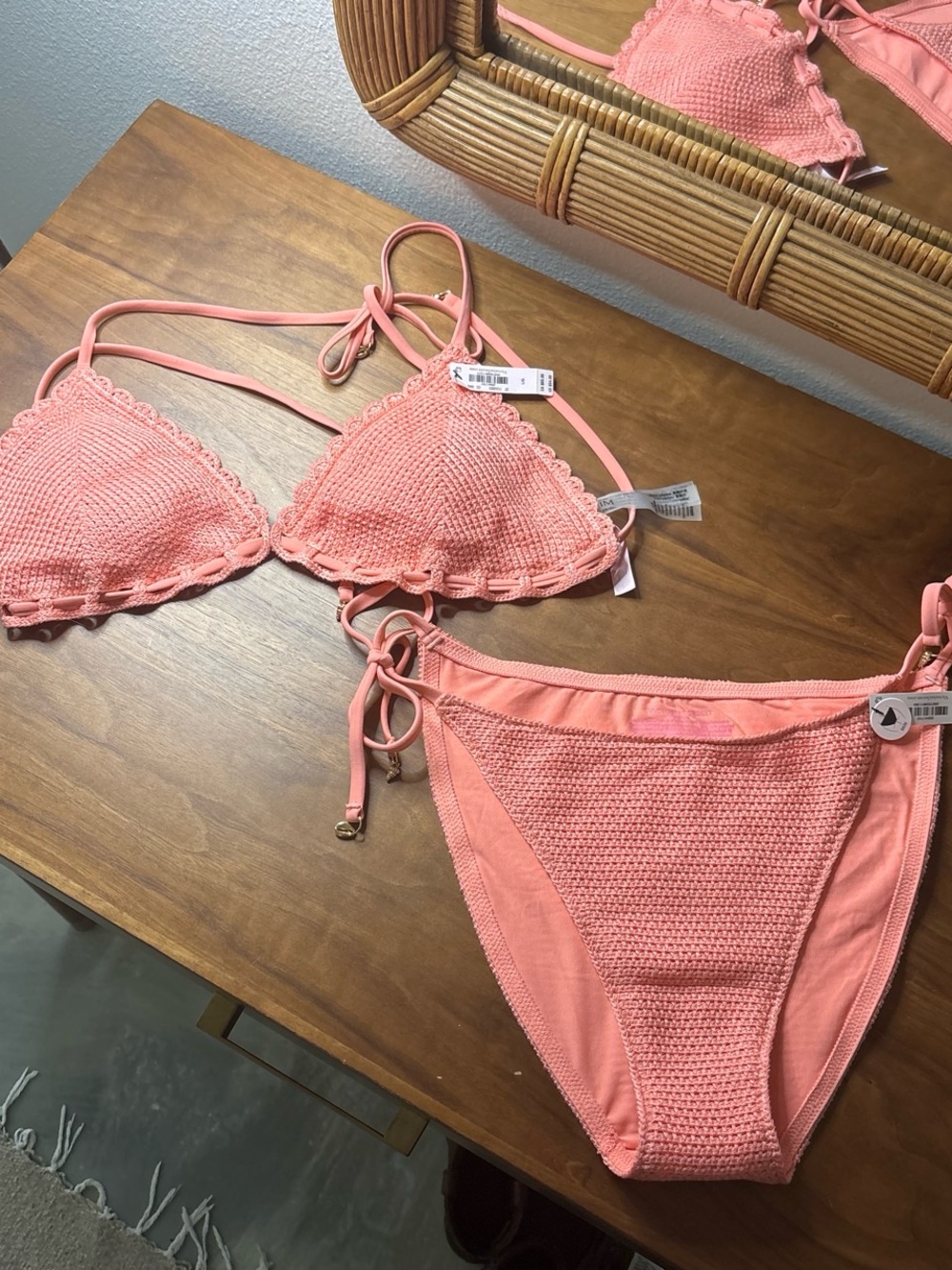 NWT Victorias Secret Coral Pink Crochet Bikini Set
